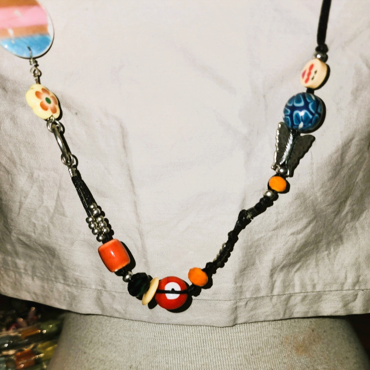 Long mult-bead cord necklace (50cm drop) Ceramic and glass beads