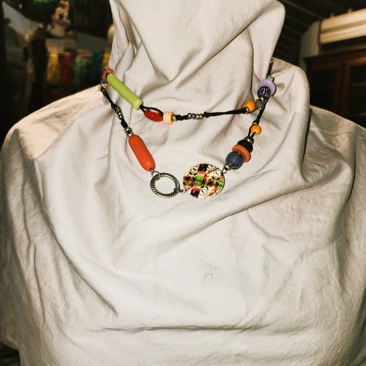 Long mult-bead cord necklace (50cm drop) Ceramic and glass beads