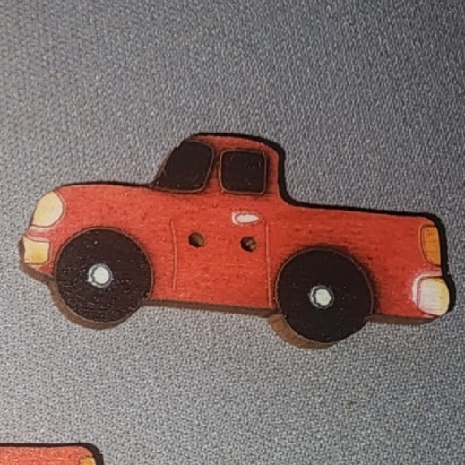 Red pickup truck wooden handpainted button 130411 (1.25" wide)