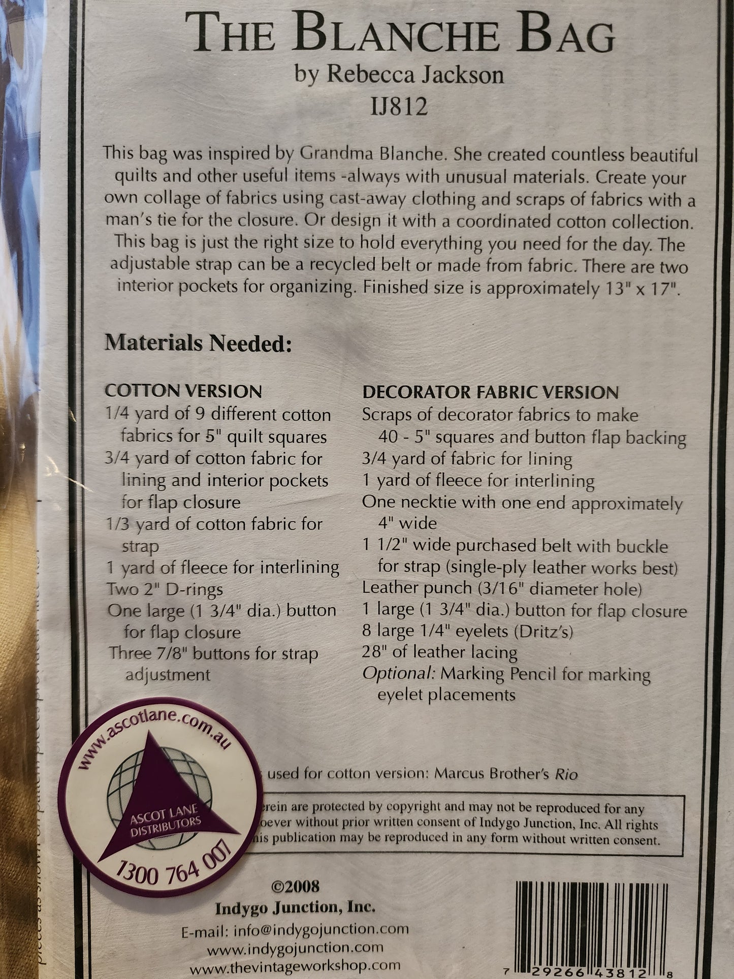 The Blanche Bag Pattern by Indygo Junction IJ812 (A Rebecca Jackson Design) *