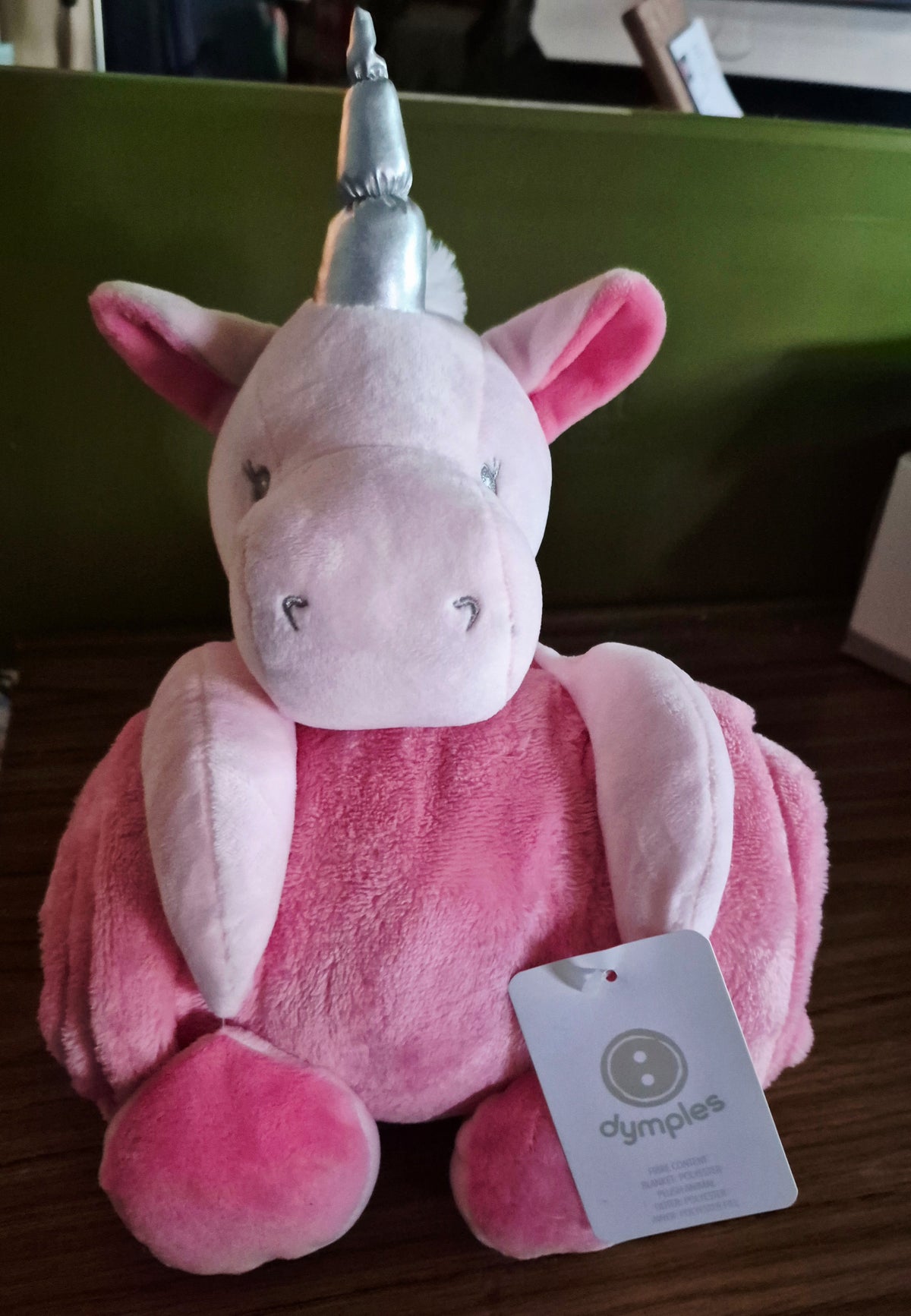 Pink plush unicorn with crib blanket