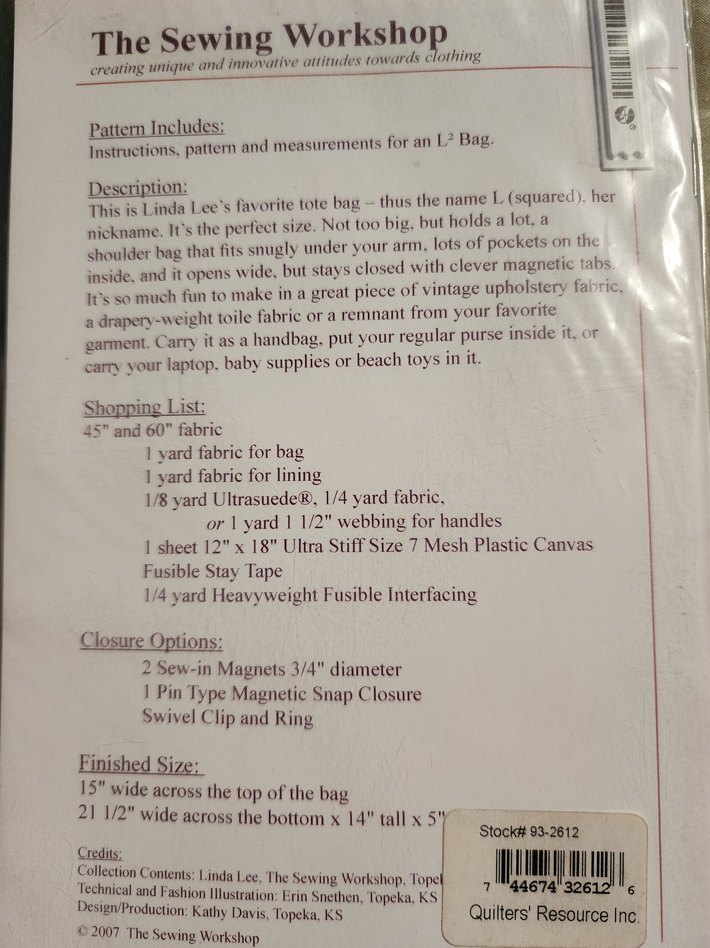 L2 Bag Pattern (L Squared) by the Sewing Workshop - Linda Lee Design *