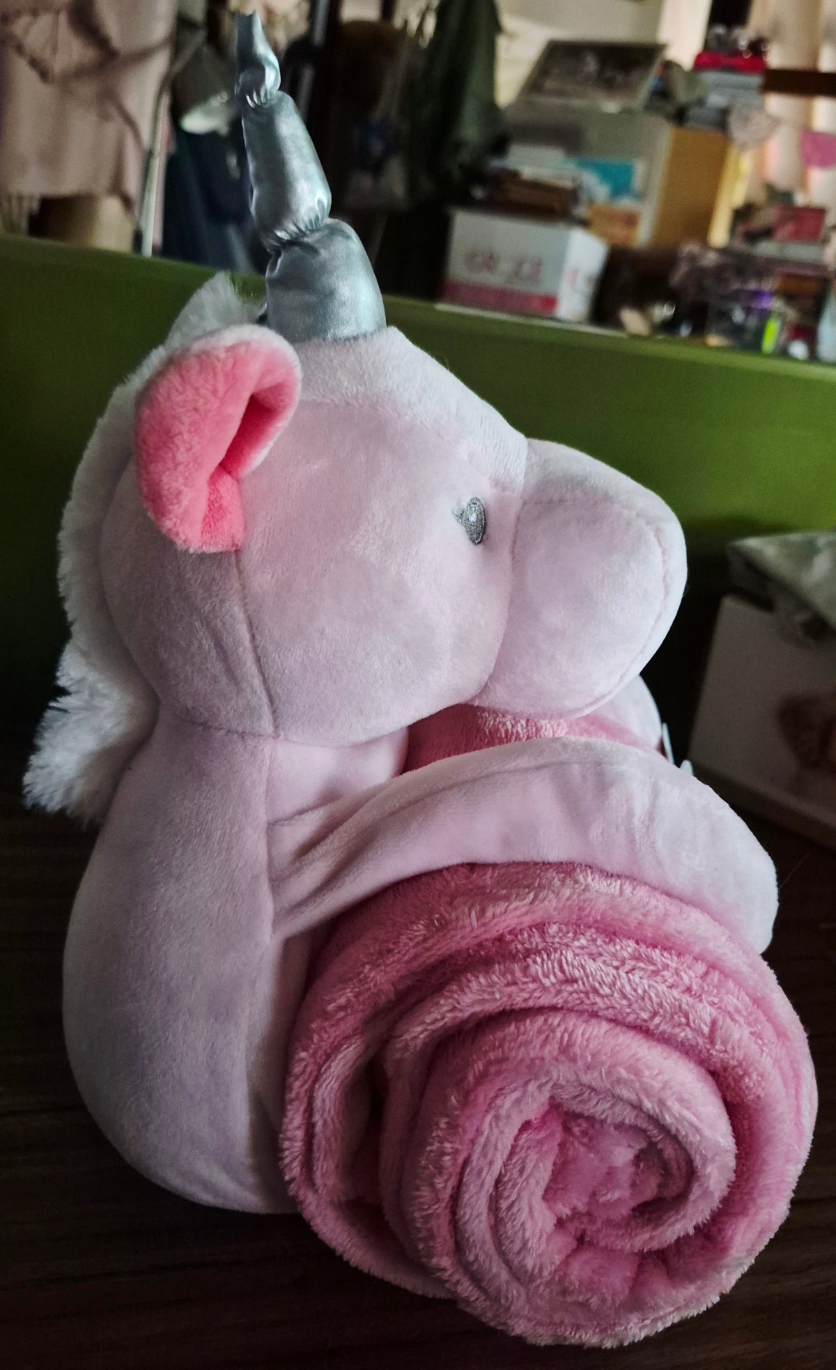 Pink plush unicorn with crib blanket