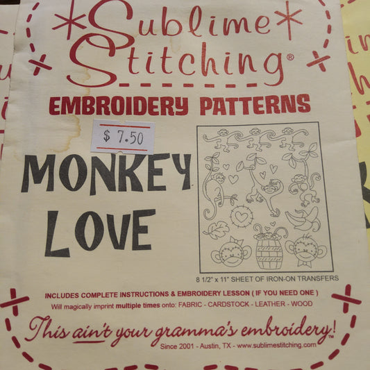 Monkey Love embroidery iron-on transfers by Sublime Stitching *