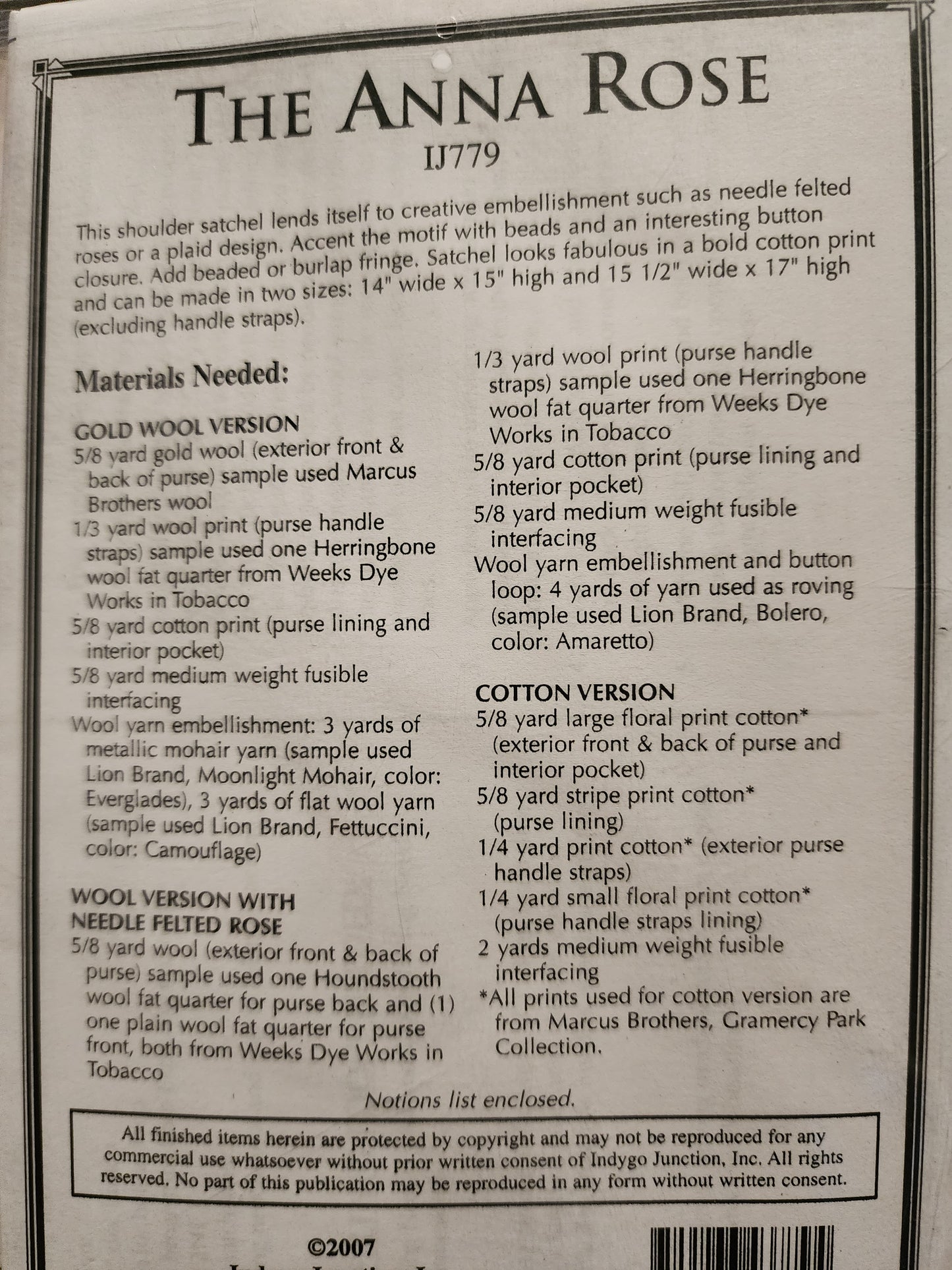 the Anna-Rose bag pattern by Indygo Junction IJ779 *