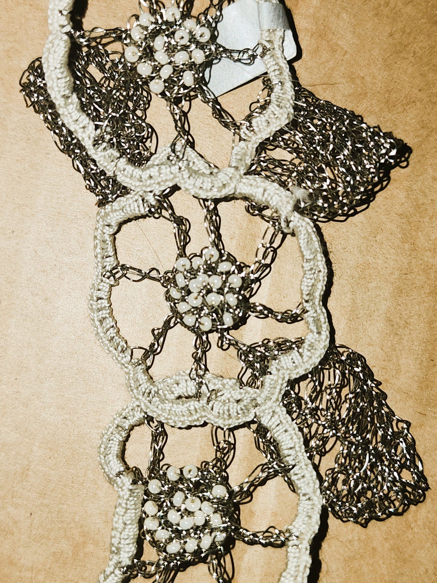 Silver&Cream crocheted wire, bead and thread bracelet - handmade
