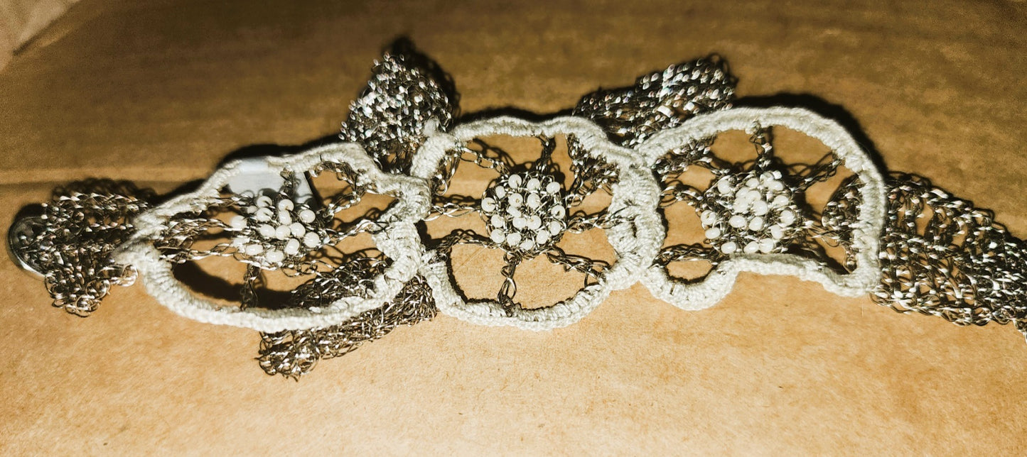 Silver&Cream crocheted wire, bead and thread bracelet - handmade