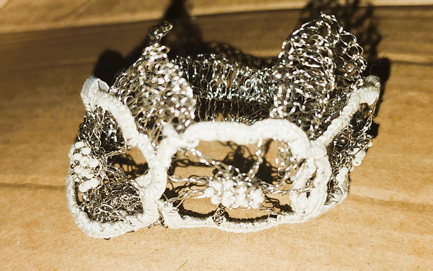 Silver&Cream crocheted wire, bead and thread bracelet - handmade