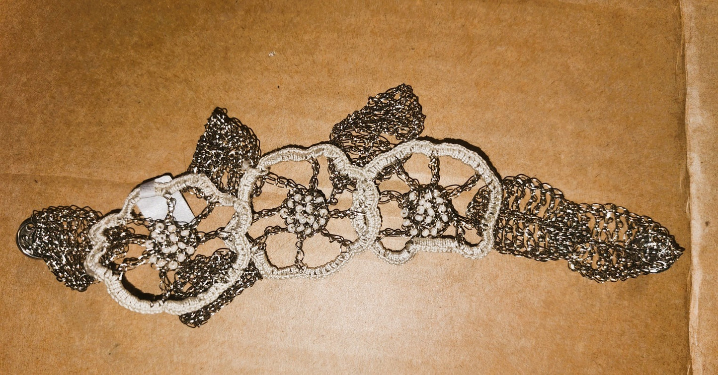 Silver&Cream crocheted wire, bead and thread bracelet - handmade