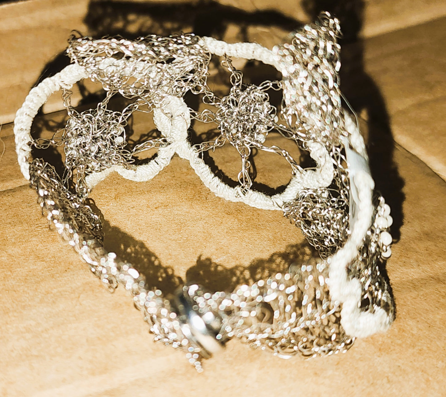 Silver&Cream crocheted wire, bead and thread bracelet - handmade