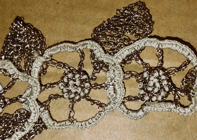 Silver&Cream crocheted wire, bead and thread bracelet - handmade